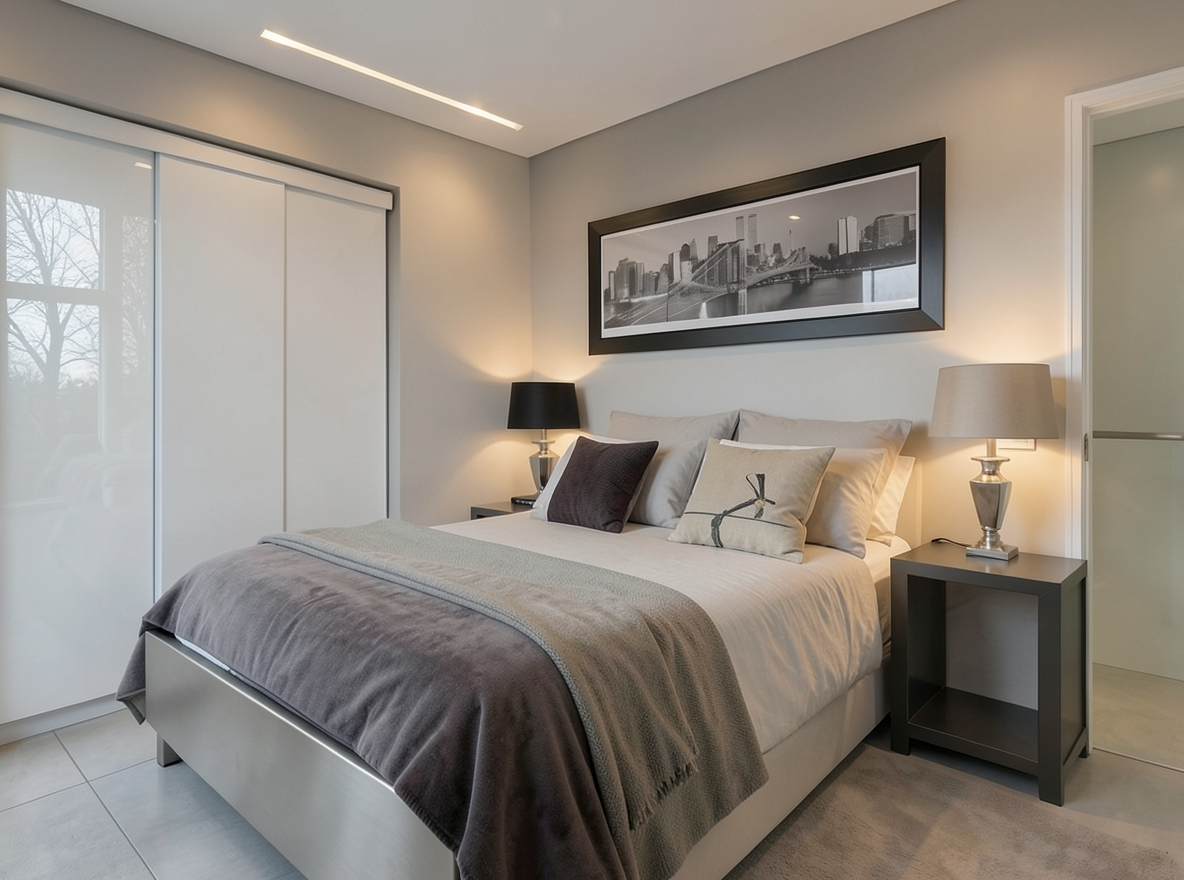 Main redesign studio: Redesign this room in a Modern interior style: clean lines, a neutral palette with bold accents, sleek low-profile furniture, glass and matte-metal su