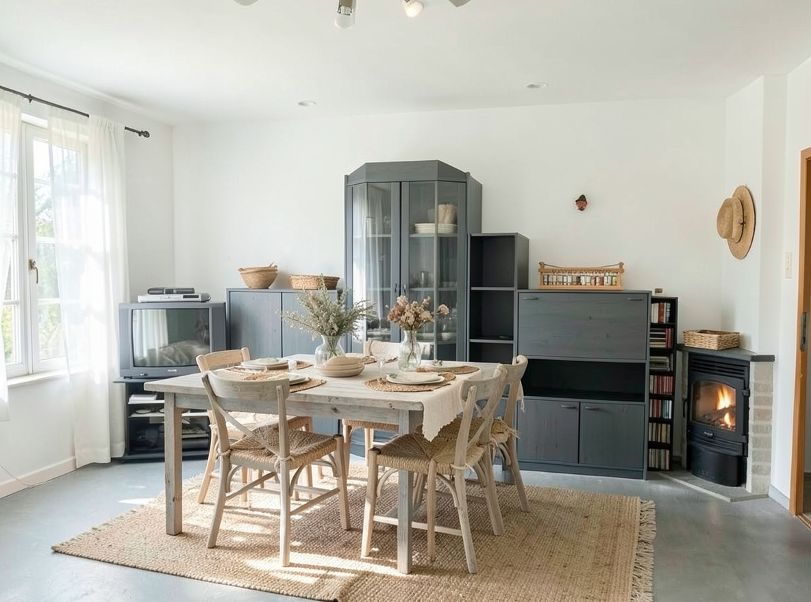 Main redesign studio: Redesign this room in a Coastal interior style: airy whites and soft-blue tones, weathered light wood, natural linen and woven textures, breezy sheer 