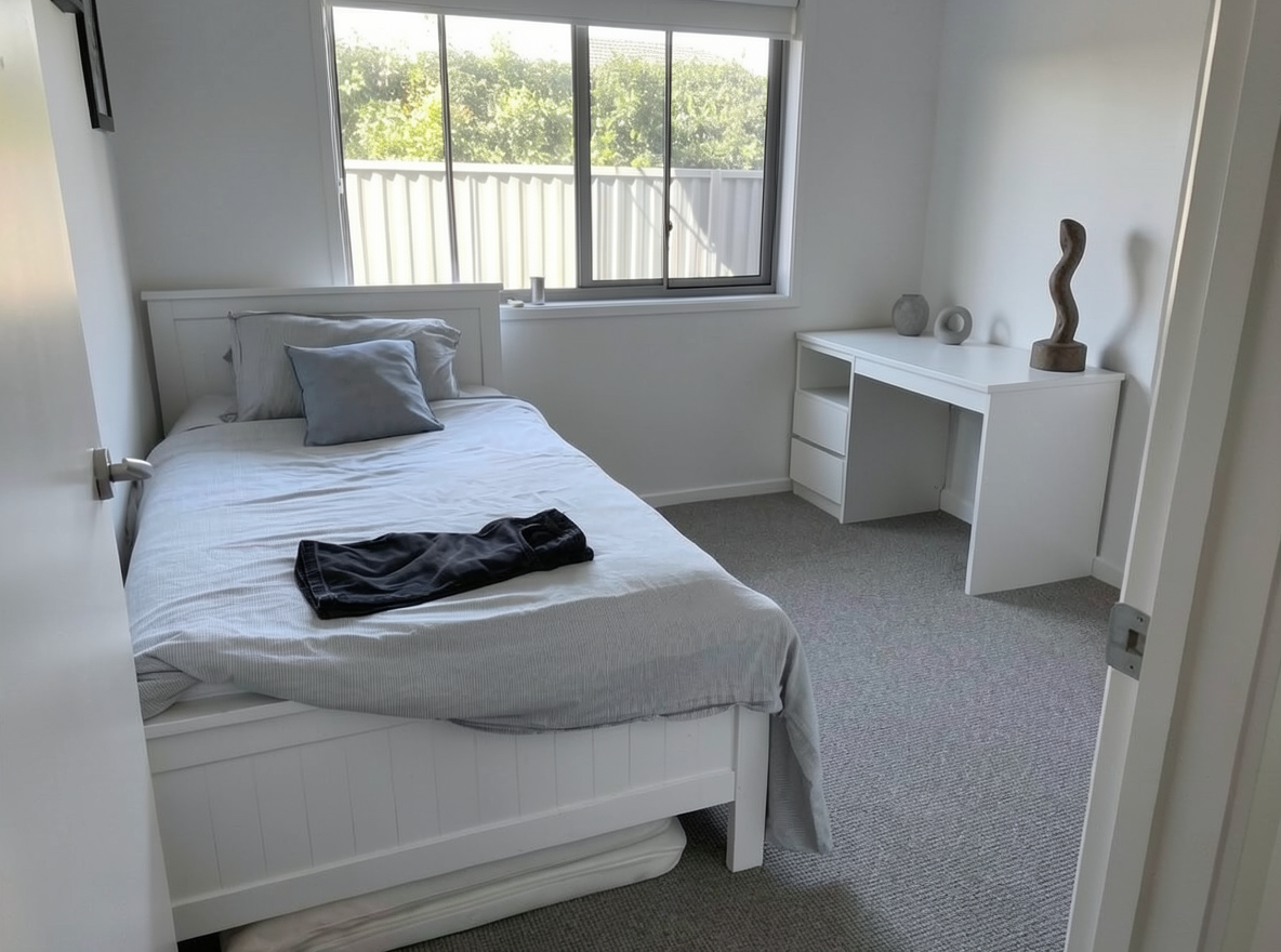 Main redesign studio: Redesign this room in a Minimalist interior style: an uncluttered space, a monochrome neutral palette, a few sculptural pieces, concealed storage, sof