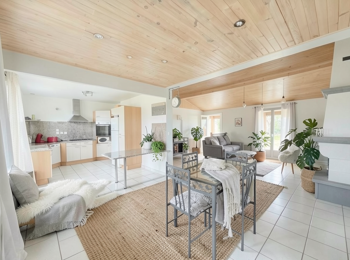 Main redesign studio: Redesign this room in a Scandinavian interior style: light oak wood, a white and soft-grey palette, wool and linen textiles, a woven jute rug, leafy p