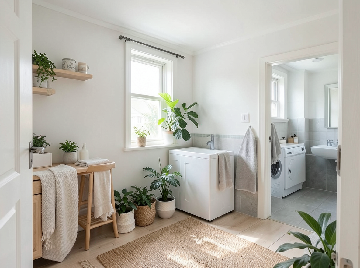Main redesign studio: Redesign this room in a Scandinavian interior style: light oak wood, a white and soft-grey palette, wool and linen textiles, a woven jute rug, leafy p