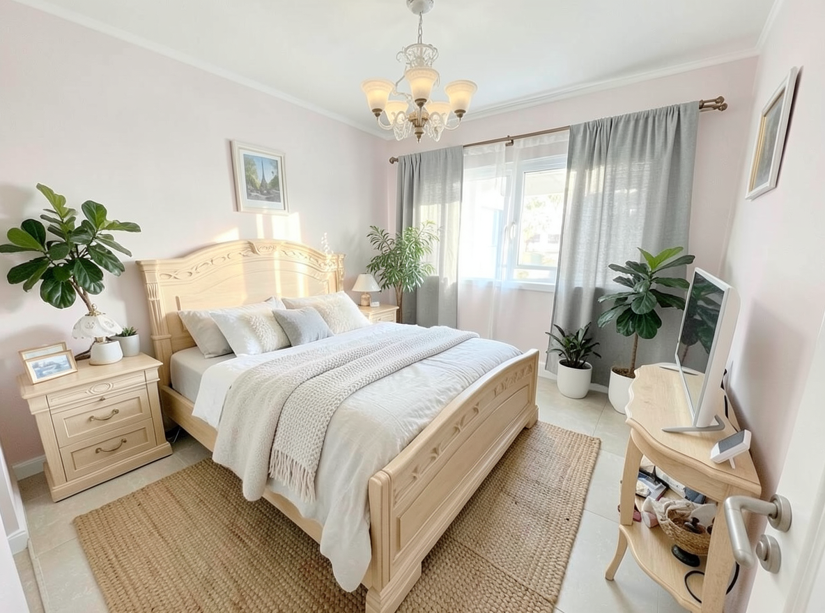 Main redesign studio: Redesign this room in a Scandinavian interior style: light oak wood, a white and soft-grey palette, wool and linen textiles, a woven jute rug, leafy p