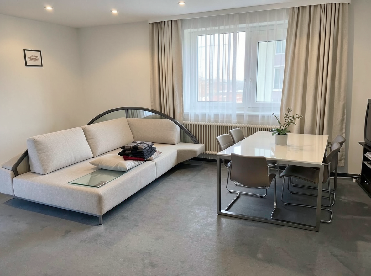 Main redesign studio: Redesign this room in a Modern interior style: clean lines, a neutral palette with bold accents, sleek low-profile furniture, glass and matte-metal su