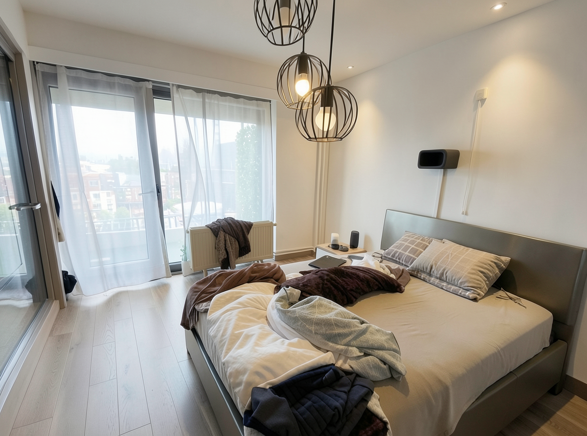 Main redesign studio: Redesign this room in a Modern interior style: clean lines, a neutral palette with bold accents, sleek low-profile furniture, glass and matte-metal su