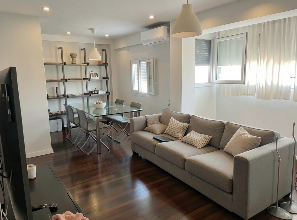 Main redesign studio: Redesign this room in a Modern interior style: clean lines, a neutral palette with bold accents, sleek low-profile furniture, glass and matte-metal su