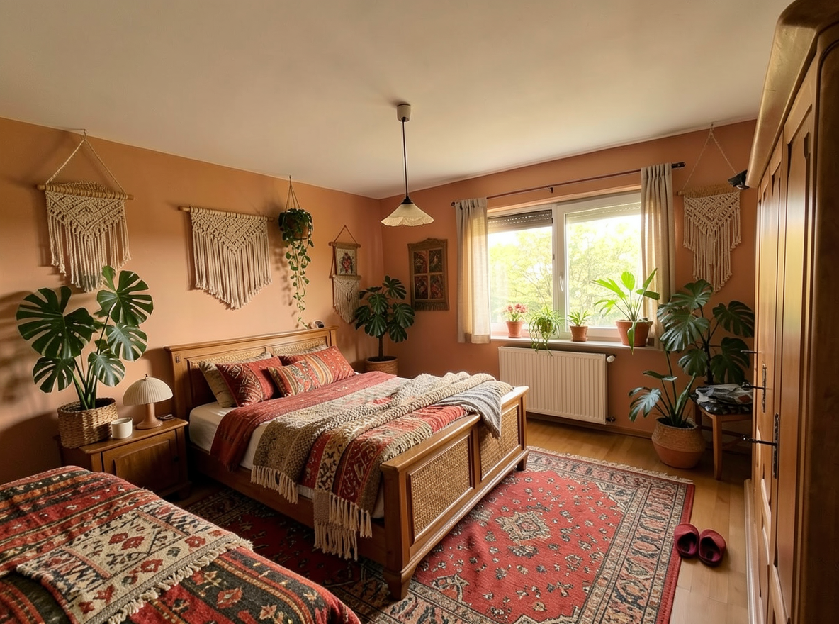 Main redesign studio: Redesign this room in a Boho interior style: layered patterned textiles, rattan and macramé, terracotta and warm earthy tones, abundant plants, vintag