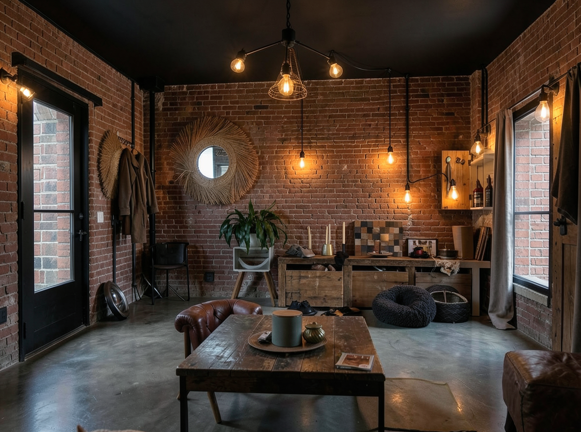 Main redesign studio: Redesign this room in a Industrial interior style: exposed-brick walls, black steel and reclaimed-wood furniture, polished concrete floor, leather acc