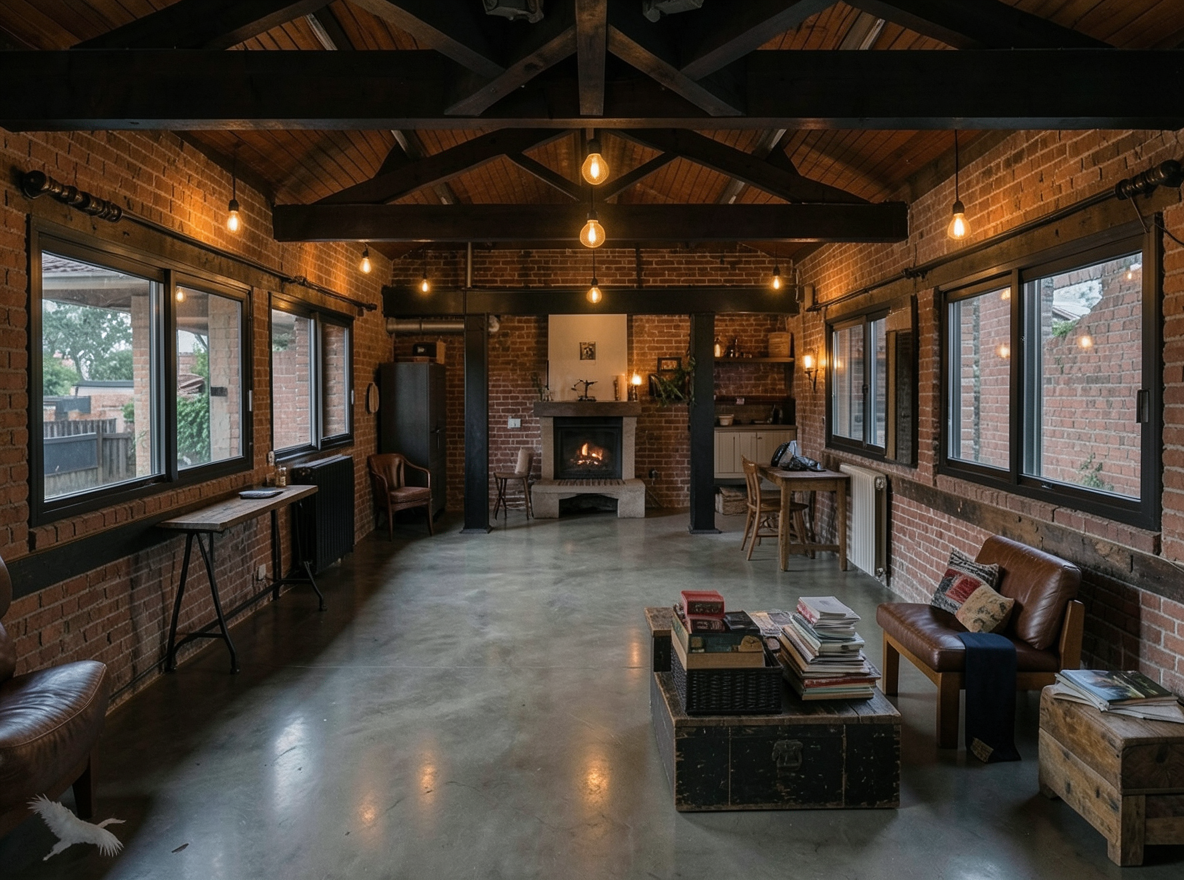 Main redesign studio: Redesign this room in a Industrial interior style: exposed-brick walls, black steel and reclaimed-wood furniture, polished concrete floor, leather acc