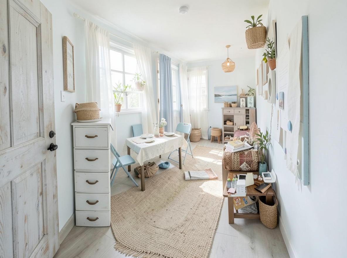 Main redesign studio: Redesign this room in a Coastal interior style: airy whites and soft-blue tones, weathered light wood, natural linen and woven textures, breezy sheer