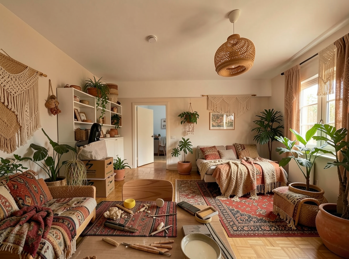 Main redesign studio: Redesign this room in a Boho interior style: layered patterned textiles, rattan and macramé, terracotta and warm earthy tones, abundant plants, vintag