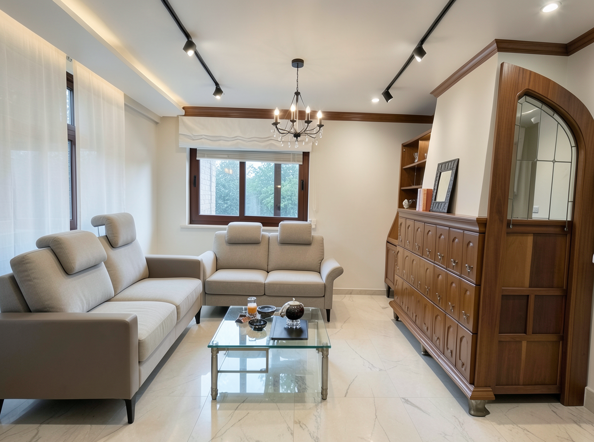 Main redesign studio: Redesign this room in a Modern interior style: clean lines, a neutral palette with bold accents, sleek low-profile furniture, glass and matte-metal su