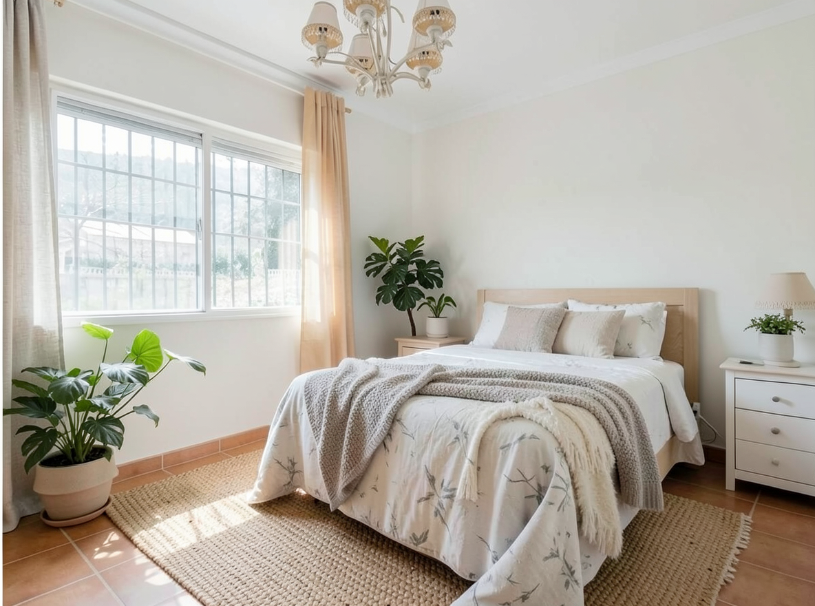 Main redesign studio: Redesign this room in a Scandinavian interior style: light oak wood, a white and soft-grey palette, wool and linen textiles, a woven jute rug, leafy p