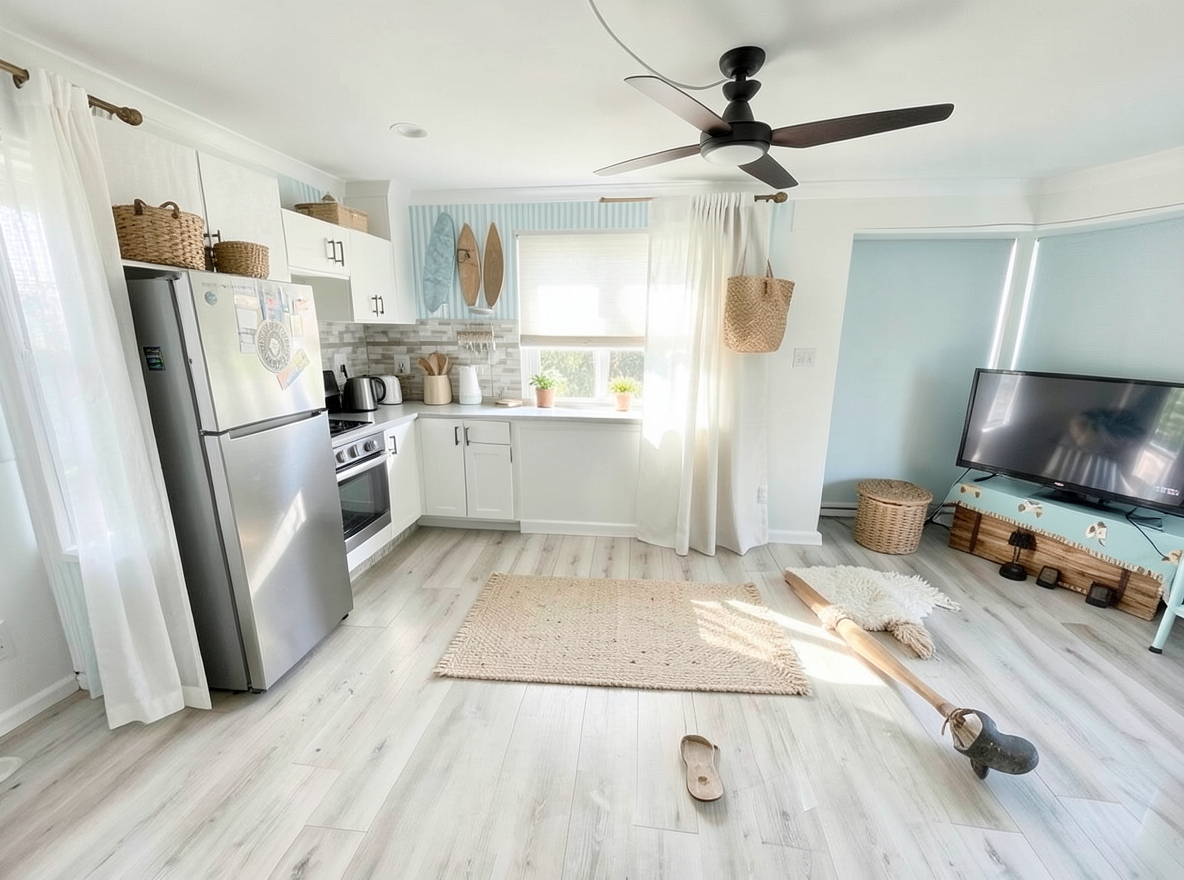 Main redesign studio: Redesign this room in a Coastal interior style: airy whites and soft-blue tones, weathered light wood, natural linen and woven textures, breezy sheer