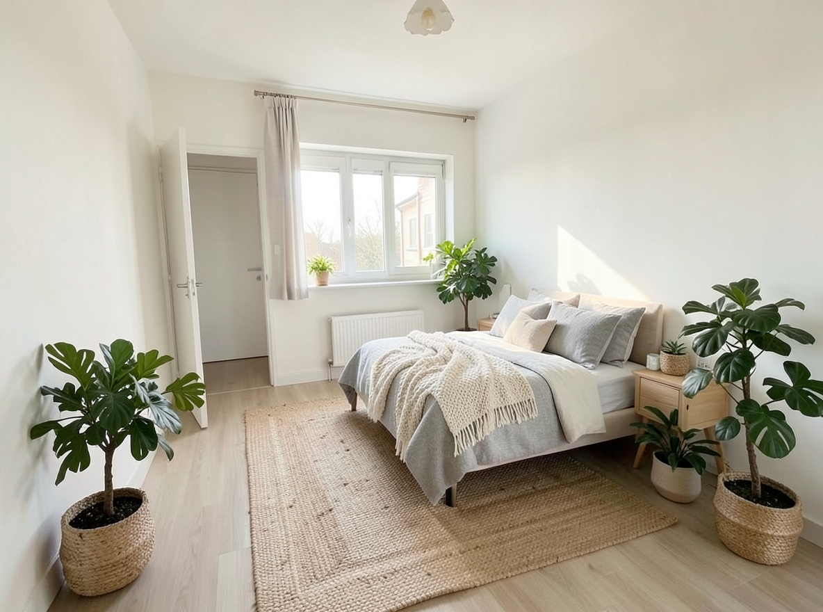 Main redesign studio: Redesign this room in a Scandinavian interior style: light oak wood, a white and soft-grey palette, wool and linen textiles, a woven jute rug, leafy p