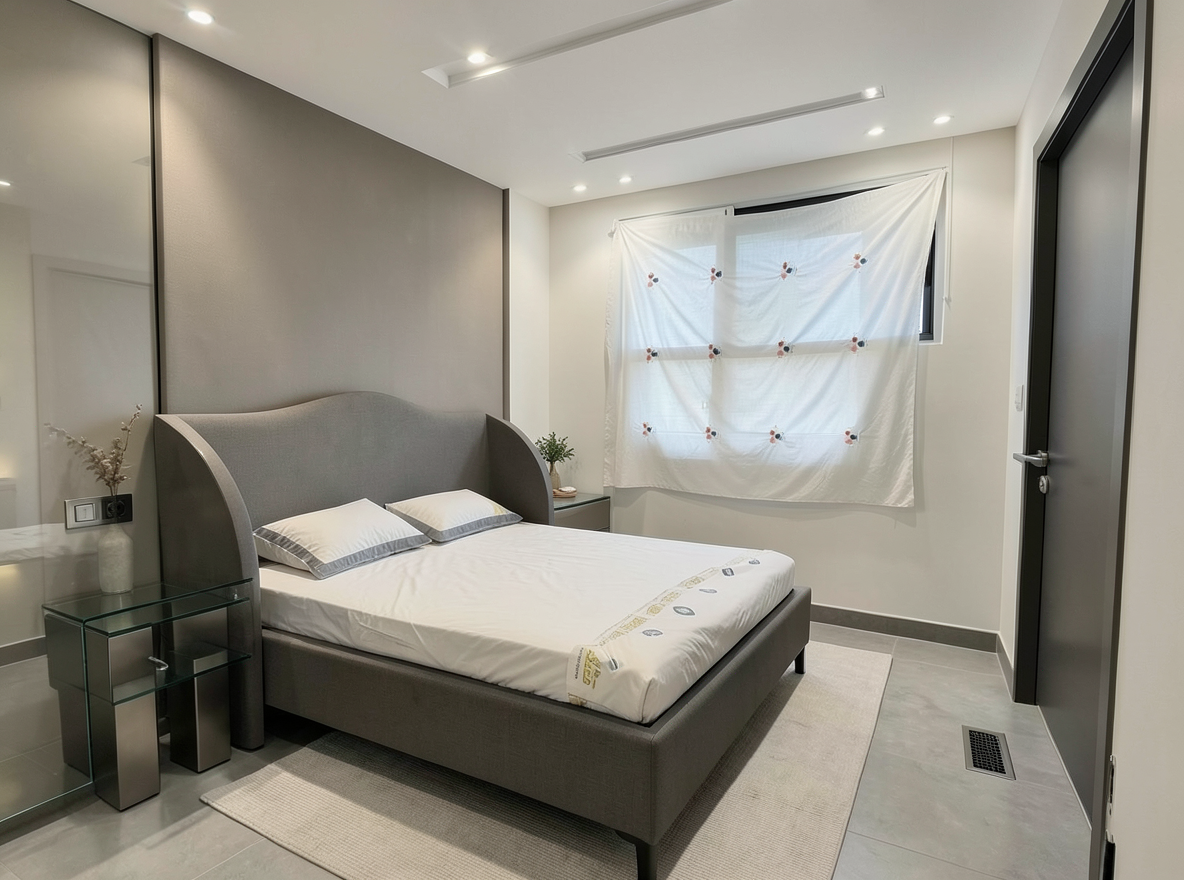 Main redesign studio: Redesign this room in a Modern interior style: clean lines, a neutral palette with bold accents, sleek low-profile furniture, glass and matte-metal su