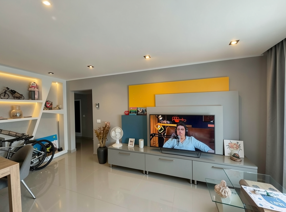 Main redesign studio: Redesign this room in a Modern interior style: clean lines, a neutral palette with bold accents, sleek low-profile furniture, glass and matte-metal su
