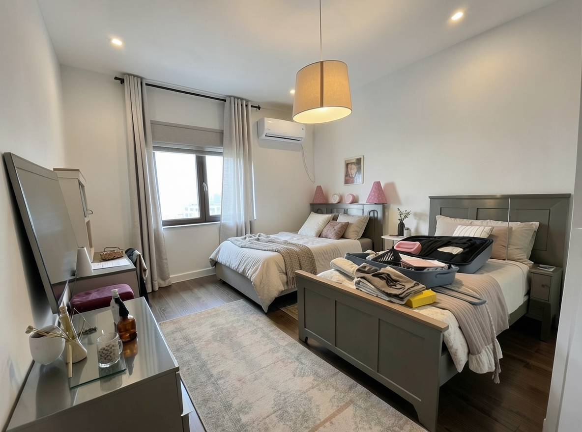 Main redesign studio: Redesign this room in a Modern interior style: clean lines, a neutral palette with bold accents, sleek low-profile furniture, glass and matte-metal su