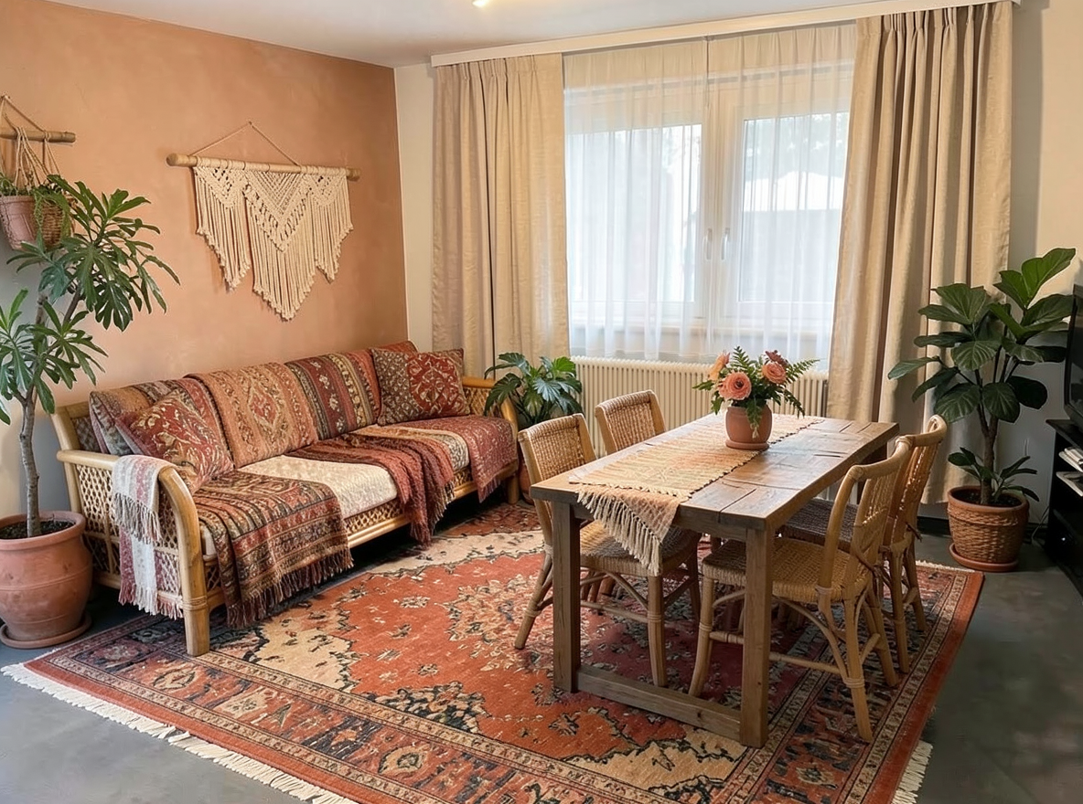 Main redesign studio: Redesign this room in a Boho interior style: layered patterned textiles, rattan and macramé, terracotta and warm earthy tones, abundant plants, vintag