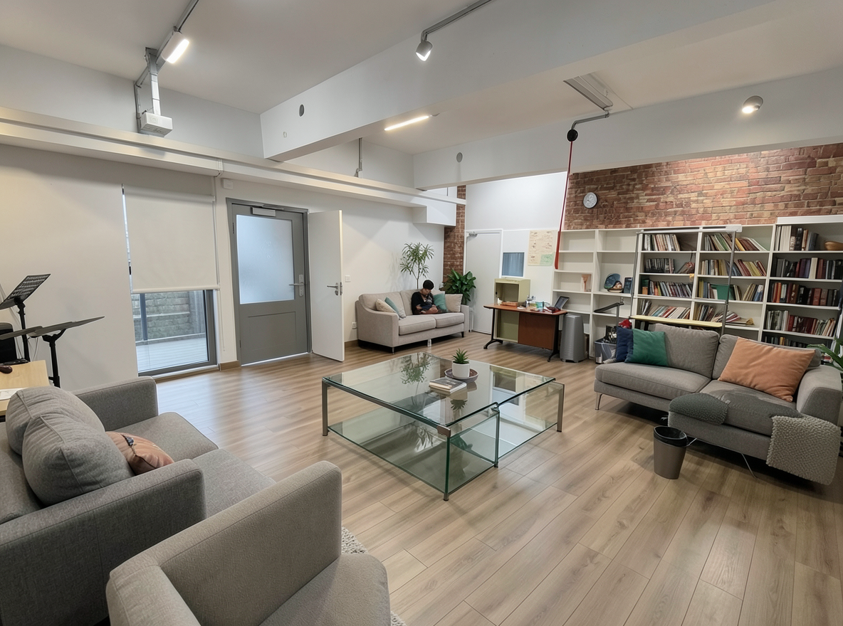 Main redesign studio: Redesign this room in a Modern interior style: clean lines, a neutral palette with bold accents, sleek low-profile furniture, glass and matte-metal su