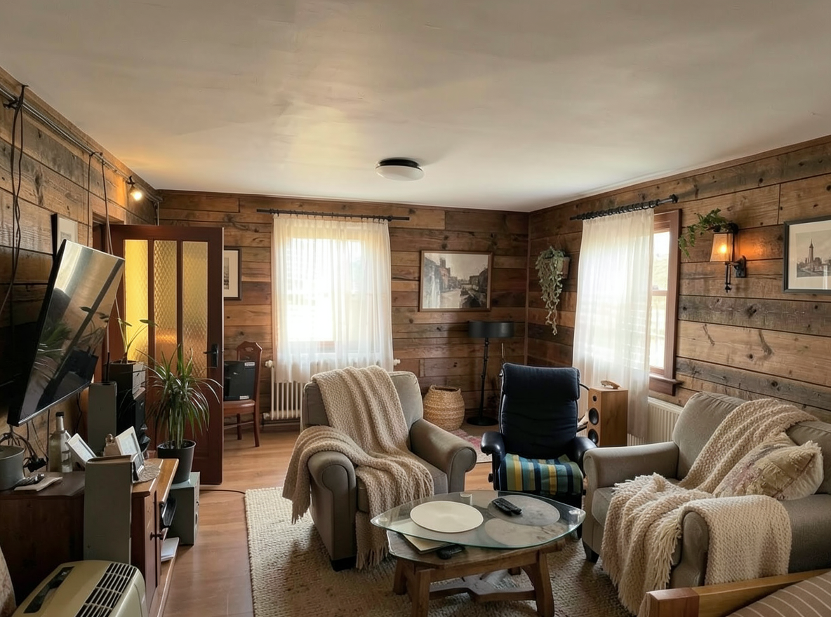 Main redesign studio: Redesign this room in a Farmhouse interior style: shiplap walls, warm reclaimed wood, matte-black fixtures, cozy neutral textiles, vintage accents, so