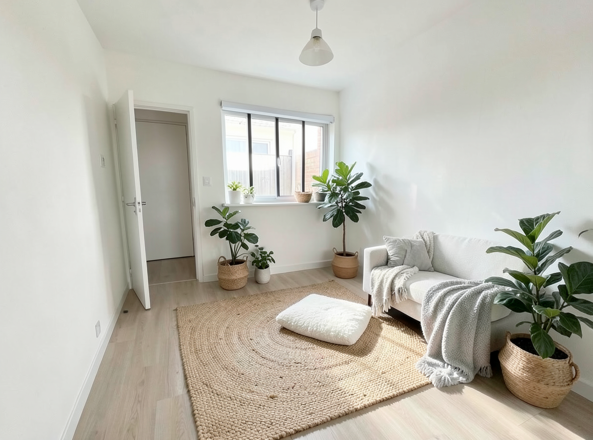 Main redesign studio: Redesign this room in a Scandinavian interior style: light oak wood, a white and soft-grey palette, wool and linen textiles, a woven jute rug, leafy p