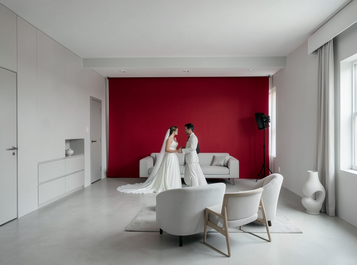Main redesign studio: Redesign this room in a Minimalist interior style: an uncluttered space, a monochrome neutral palette, a few sculptural pieces, concealed storage, sof