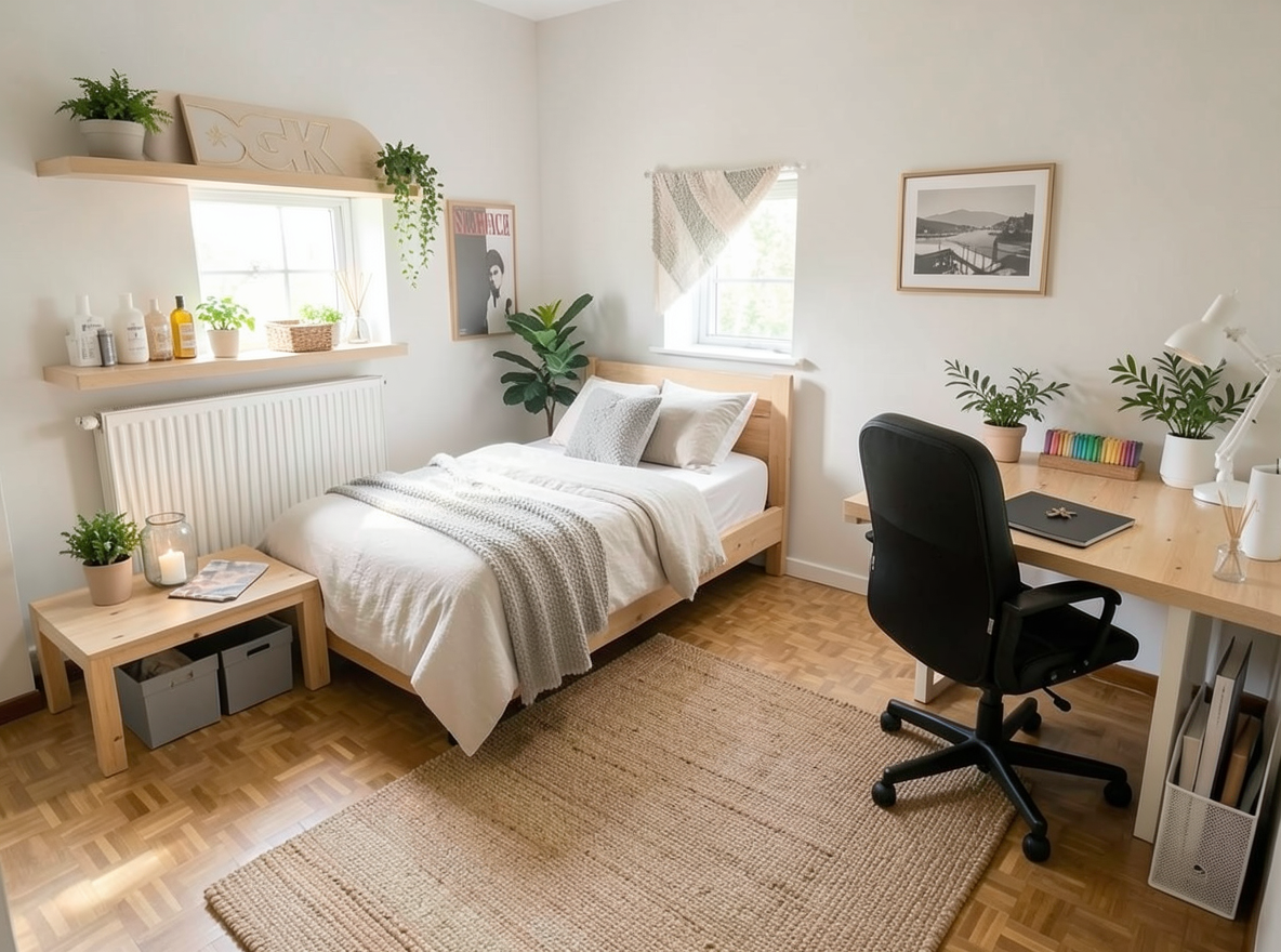 Main redesign studio: Redesign this room in a Scandinavian interior style: light oak wood, a white and soft-grey palette, wool and linen textiles, a woven jute rug, leafy p
