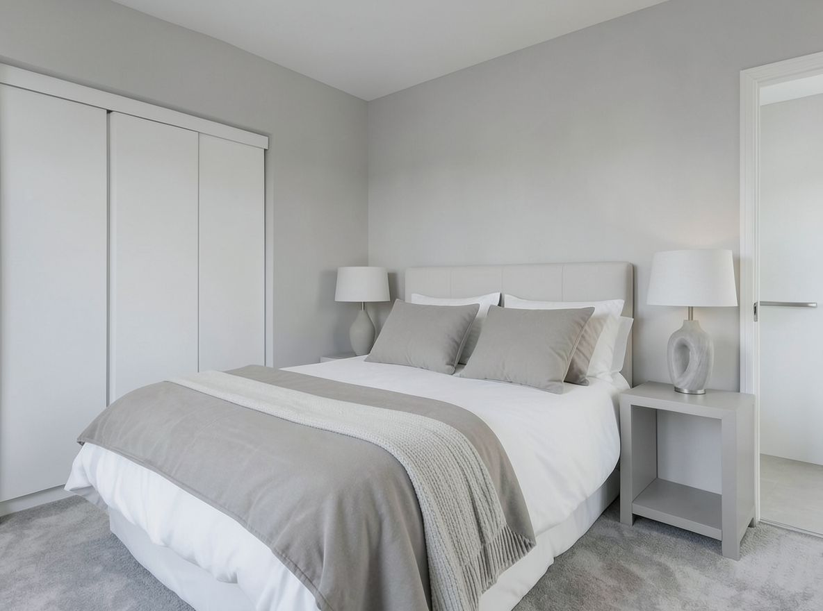 Main redesign studio: Redesign this room in a Minimalist interior style: an uncluttered space, a monochrome neutral palette, a few sculptural pieces, concealed storage, sof