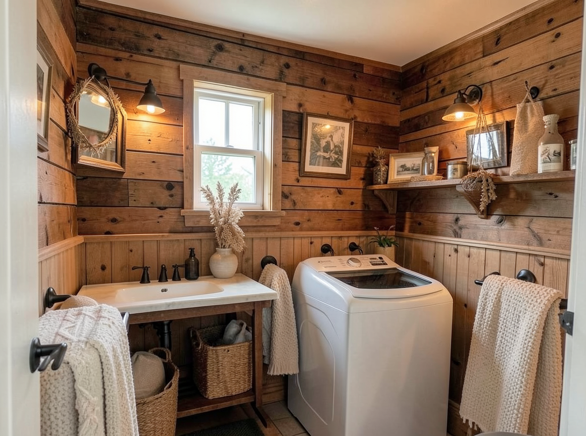 Main redesign studio: Redesign this room in a Farmhouse interior style: shiplap walls, warm reclaimed wood, matte-black fixtures, cozy neutral textiles, vintage accents, so