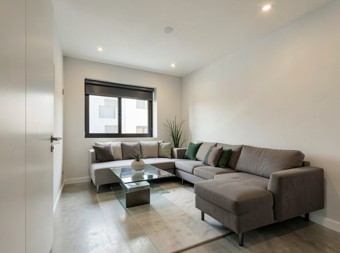 Main redesign studio: Redesign this room in a Modern interior style: clean lines, a neutral palette with bold accents, sleek low-profile furniture, glass and matte-metal su