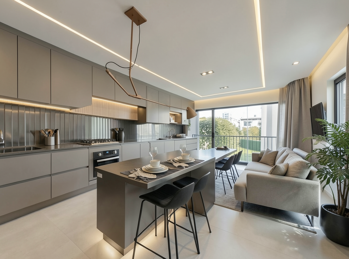 Main redesign studio: Redesign this room in a Modern interior style: clean lines, a neutral palette with bold accents, sleek low-profile furniture, glass and matte-metal su