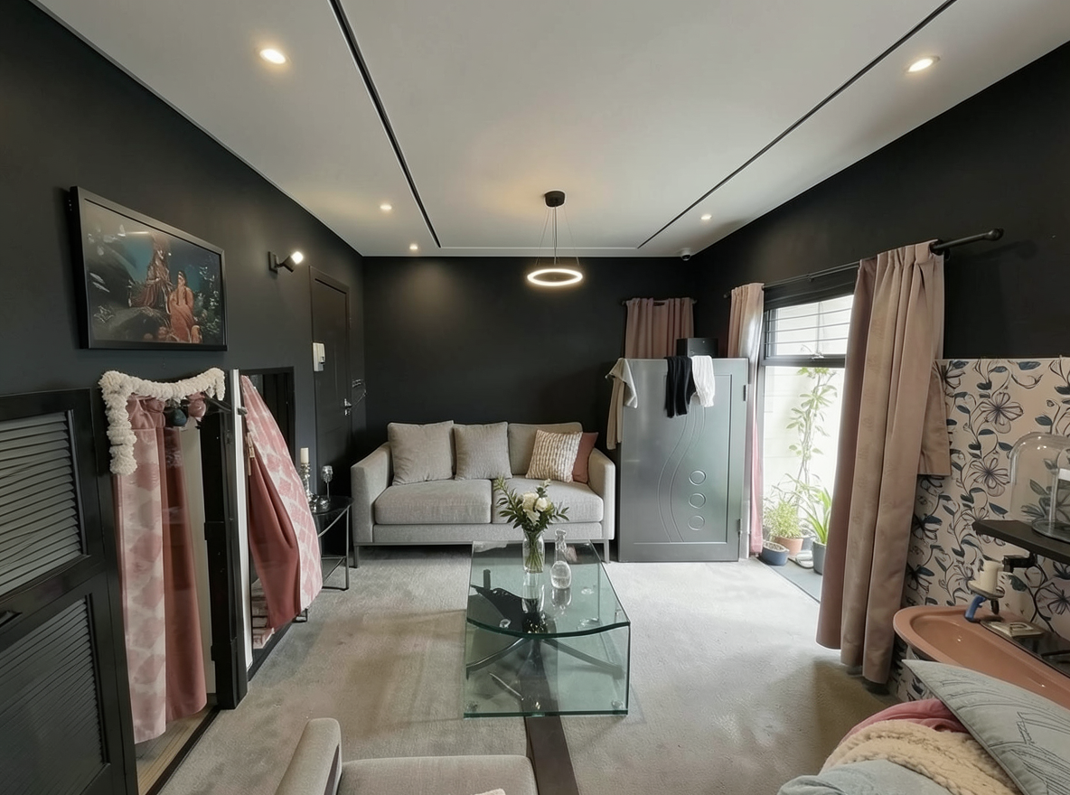 Main redesign studio: Redesign this room in a Modern interior style: clean lines, a neutral palette with bold accents, sleek low-profile furniture, glass and matte-metal su