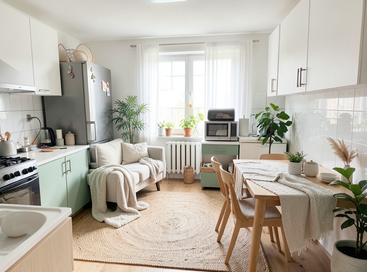 Main redesign studio: Redesign this room in a Scandinavian interior style: light oak wood, a white and soft-grey palette, wool and linen textiles, a woven jute rug, leafy p