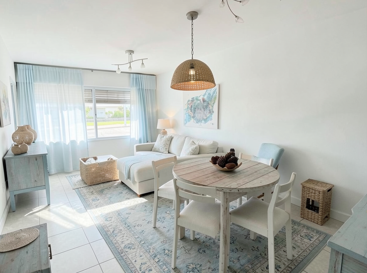 Main redesign studio: Redesign this room in a Coastal interior style: airy whites and soft-blue tones, weathered light wood, natural linen and woven textures, breezy sheer