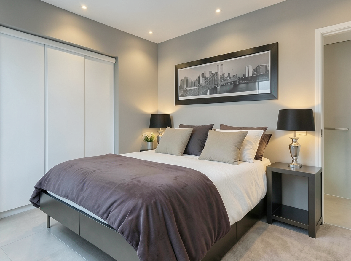 Main redesign studio: Redesign this room in a Modern interior style: clean lines, a neutral palette with bold accents, sleek low-profile furniture, glass and matte-metal su
