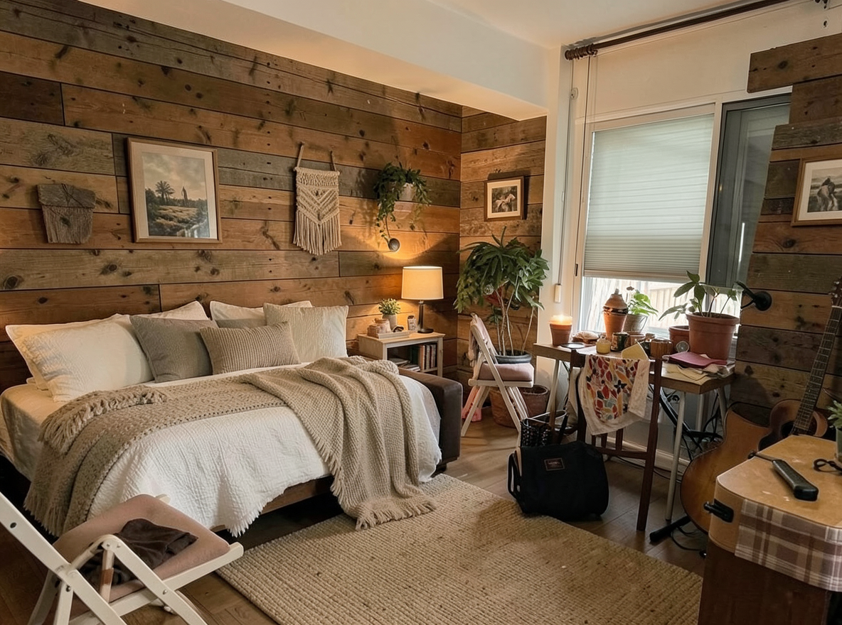 Main redesign studio: Redesign this room in a Farmhouse interior style: shiplap walls, warm reclaimed wood, matte-black fixtures, cozy neutral textiles, vintage accents, so