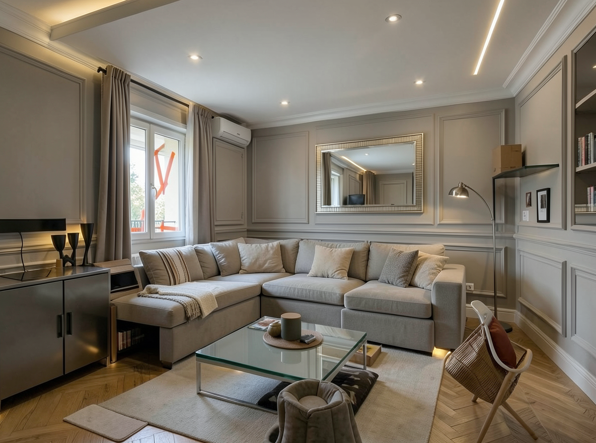 Main redesign studio: Redesign this room in a Modern interior style: clean lines, a neutral palette with bold accents, sleek low-profile furniture, glass and matte-metal su
