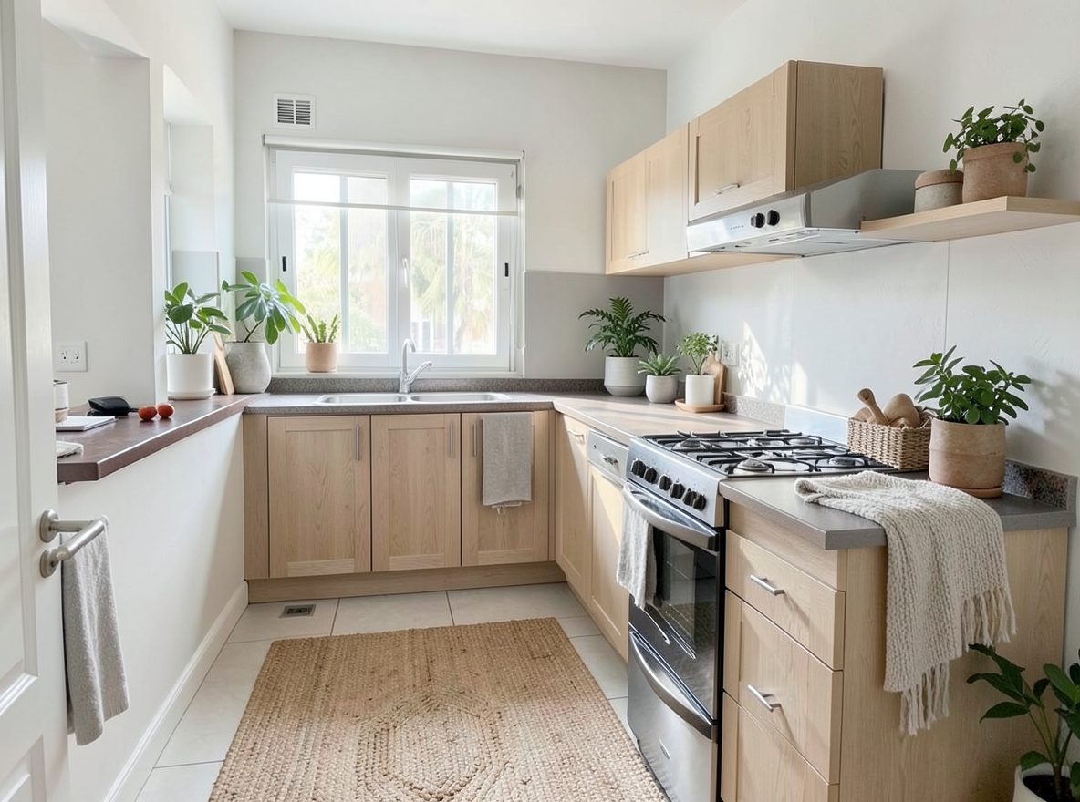 Main redesign studio: Redesign this room in a Scandinavian interior style: light oak wood, a white and soft-grey palette, wool and linen textiles, a woven jute rug, leafy p