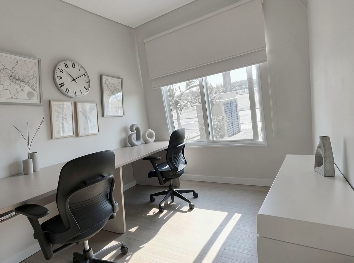 Main redesign studio: Redesign this room in a Minimalist interior style: an uncluttered space, a monochrome neutral palette, a few sculptural pieces, concealed storage, sof
