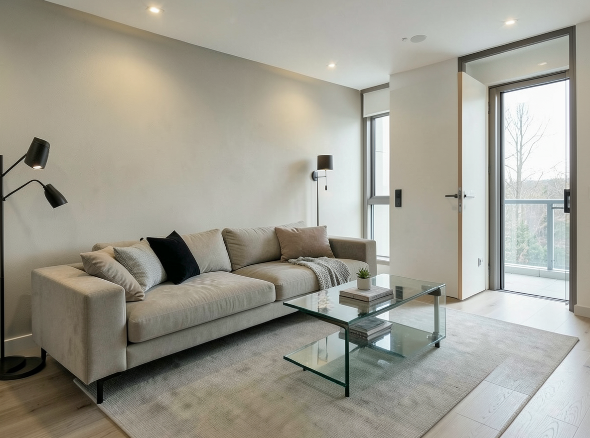 Main redesign studio: Redesign this room in a Modern interior style: clean lines, a neutral palette with bold accents, sleek low-profile furniture, glass and matte-metal su
