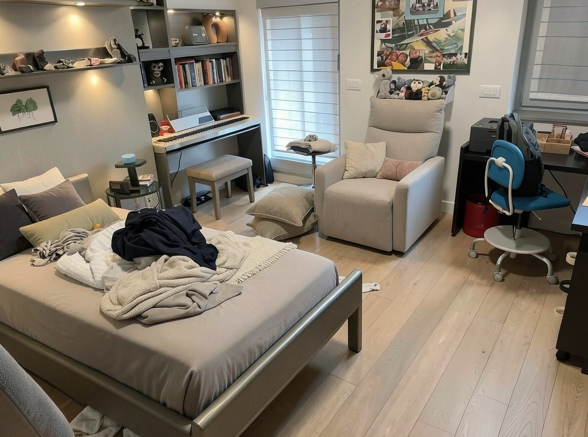 Main redesign studio: Redesign this room in a Modern interior style: clean lines, a neutral palette with bold accents, sleek low-profile furniture, glass and matte-metal su