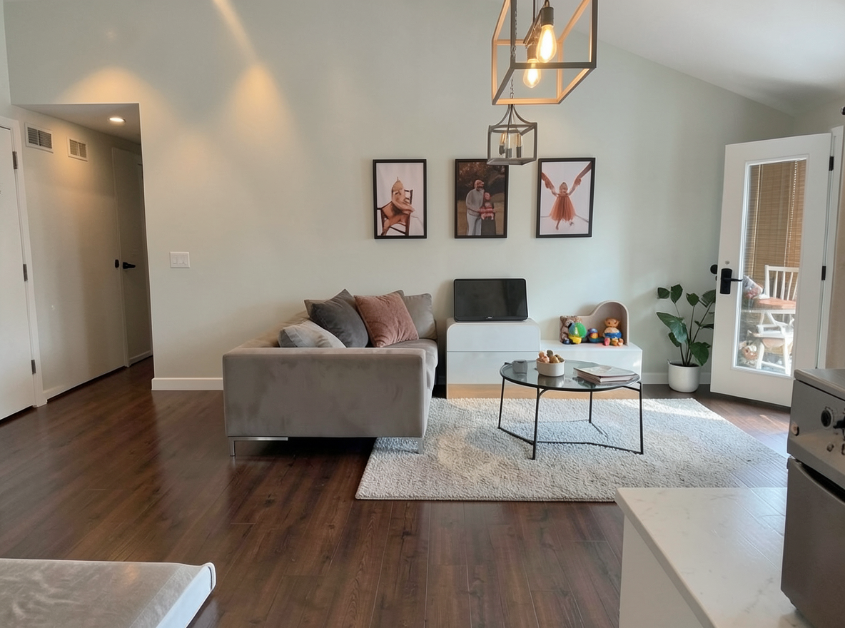Main redesign studio: Redesign this room in a Modern interior style: clean lines, a neutral palette with bold accents, sleek low-profile furniture, glass and matte-metal su