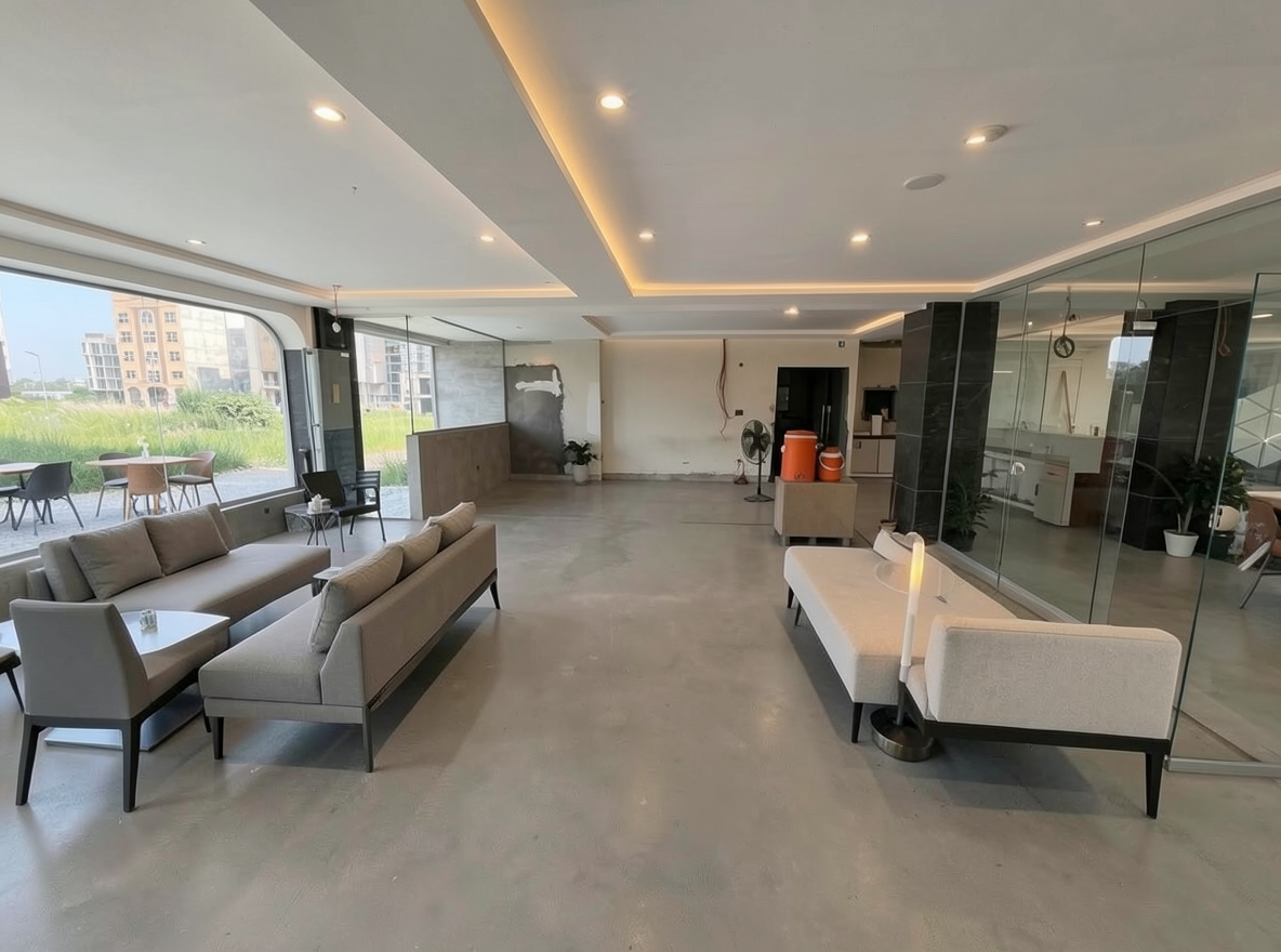 Main redesign studio: Redesign this room in a Modern interior style: clean lines, a neutral palette with bold accents, sleek low-profile furniture, glass and matte-metal su