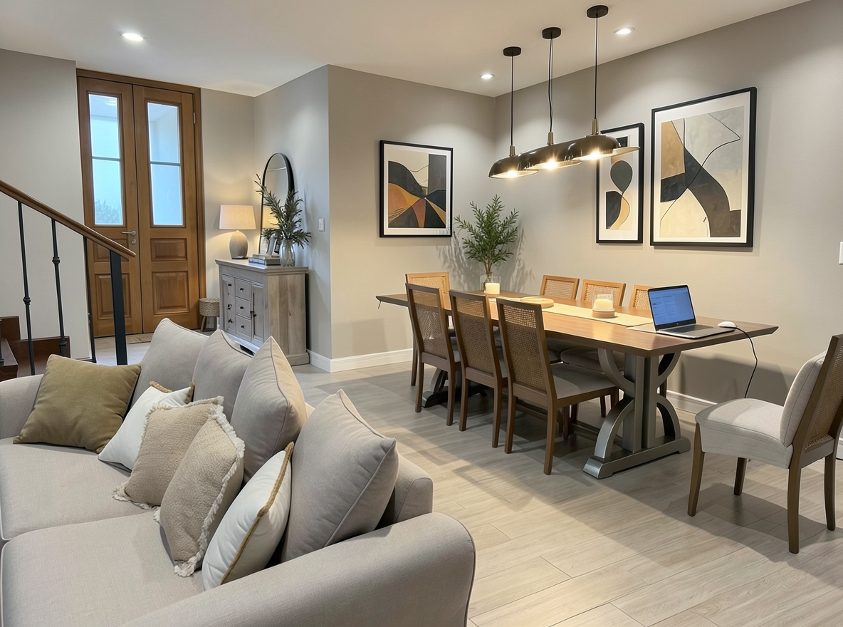 Main redesign studio: Redesign this room in a Modern interior style: clean lines, a neutral palette with bold accents, sleek low-profile furniture, glass and matte-metal su