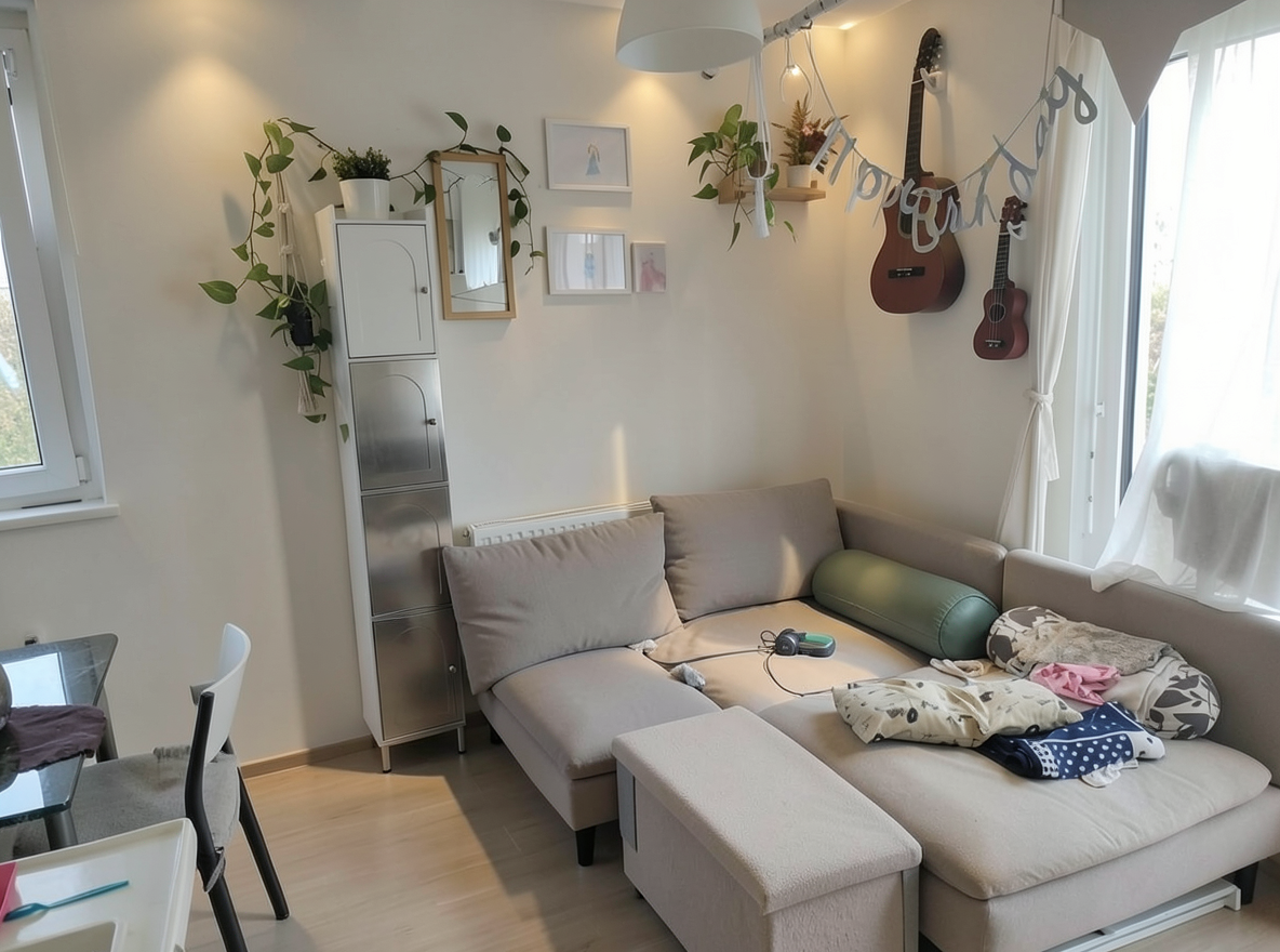 Main redesign studio: Redesign this room in a Modern interior style: clean lines, a neutral palette with bold accents, sleek low-profile furniture, glass and matte-metal su