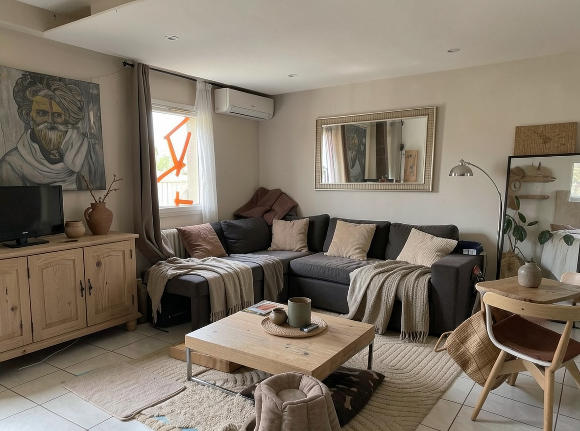 Main redesign studio: Redesign this room in a Japandi interior style: low natural-wood furniture, a muted earthy palette, handcrafted ceramics, linen textiles, soft diffuse