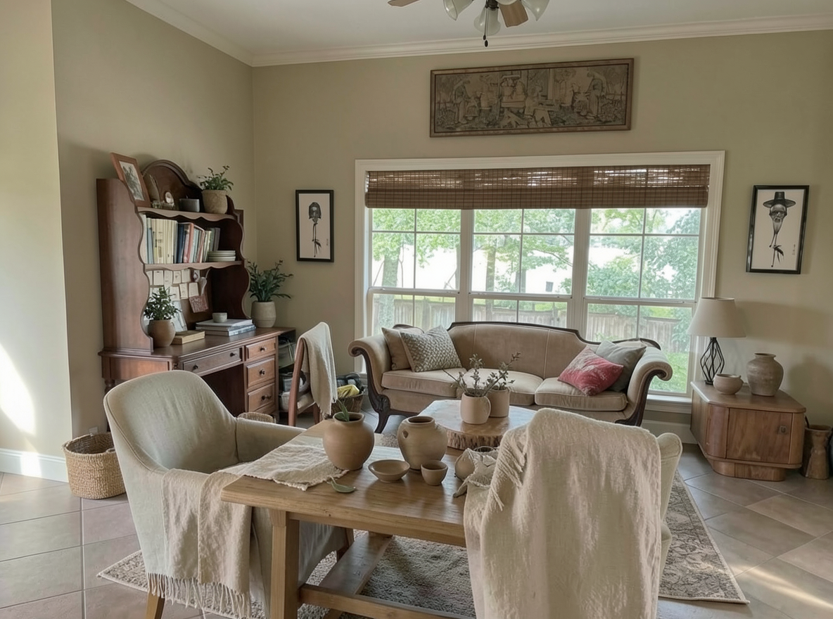 Main redesign studio: Redesign this room in a Japandi interior style: low natural-wood furniture, a muted earthy palette, handcrafted ceramics, linen textiles, soft diffuse