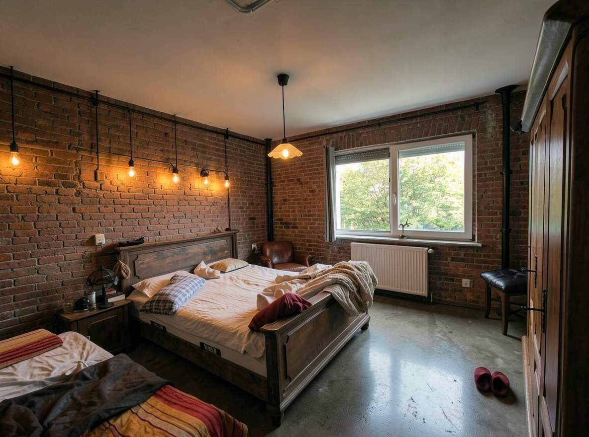 Main redesign studio: Redesign this room in a Industrial interior style: exposed-brick walls, black steel and reclaimed-wood furniture, polished concrete floor, leather acc