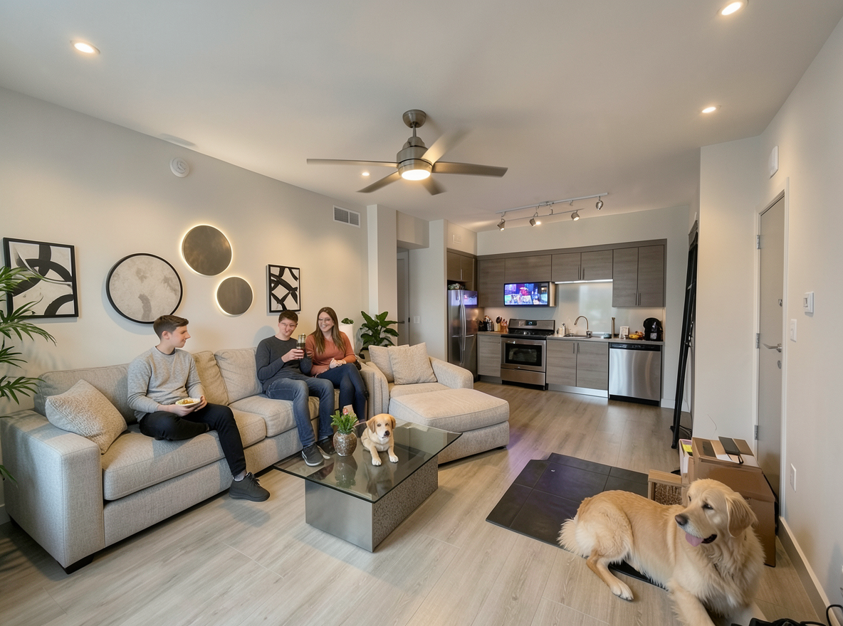 Main redesign studio: Redesign this room in a Modern interior style: clean lines, a neutral palette with bold accents, sleek low-profile furniture, glass and matte-metal su