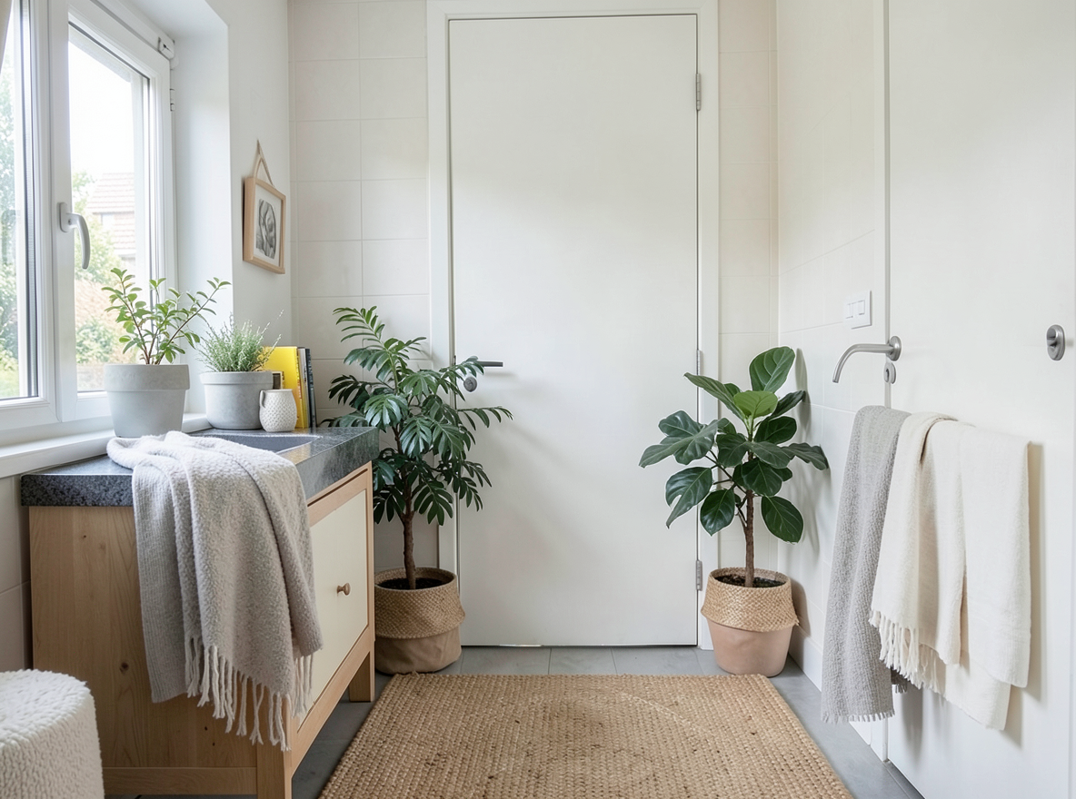 Main redesign studio: Redesign this room in a Scandinavian interior style: light oak wood, a white and soft-grey palette, wool and linen textiles, a woven jute rug, leafy p
